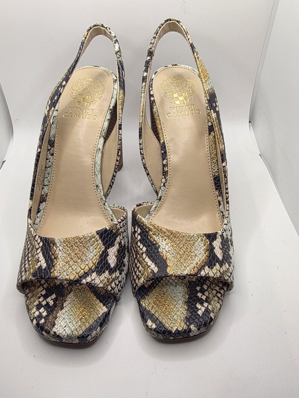 Vince Camuto Women’s Snake-Print Slingback Heels in Beige, Black and Gold
